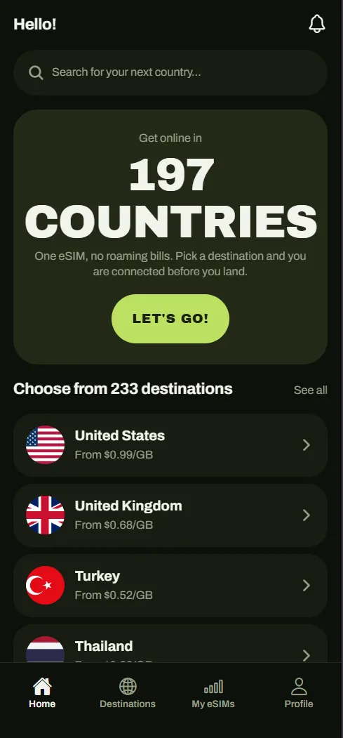 The Clear Roam app showing data plans for 197 countries